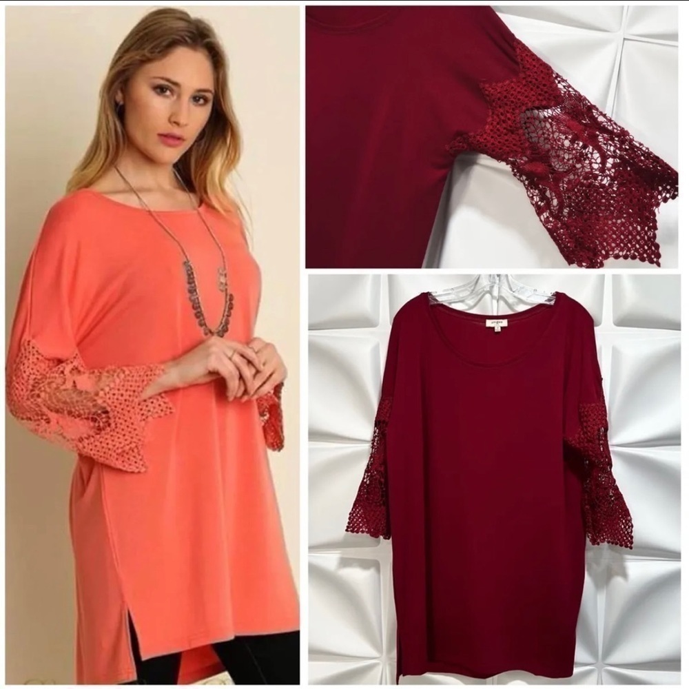 Umgee Womens Sz M Red Crochet Lace Sleeve Dolman Tunic Cop Blouse